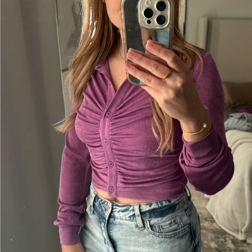 Purple Ruched Button-Up Women's Top - Picture 2 of 10